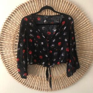 American eagle outfitters black floral bell sleeve tie blouse